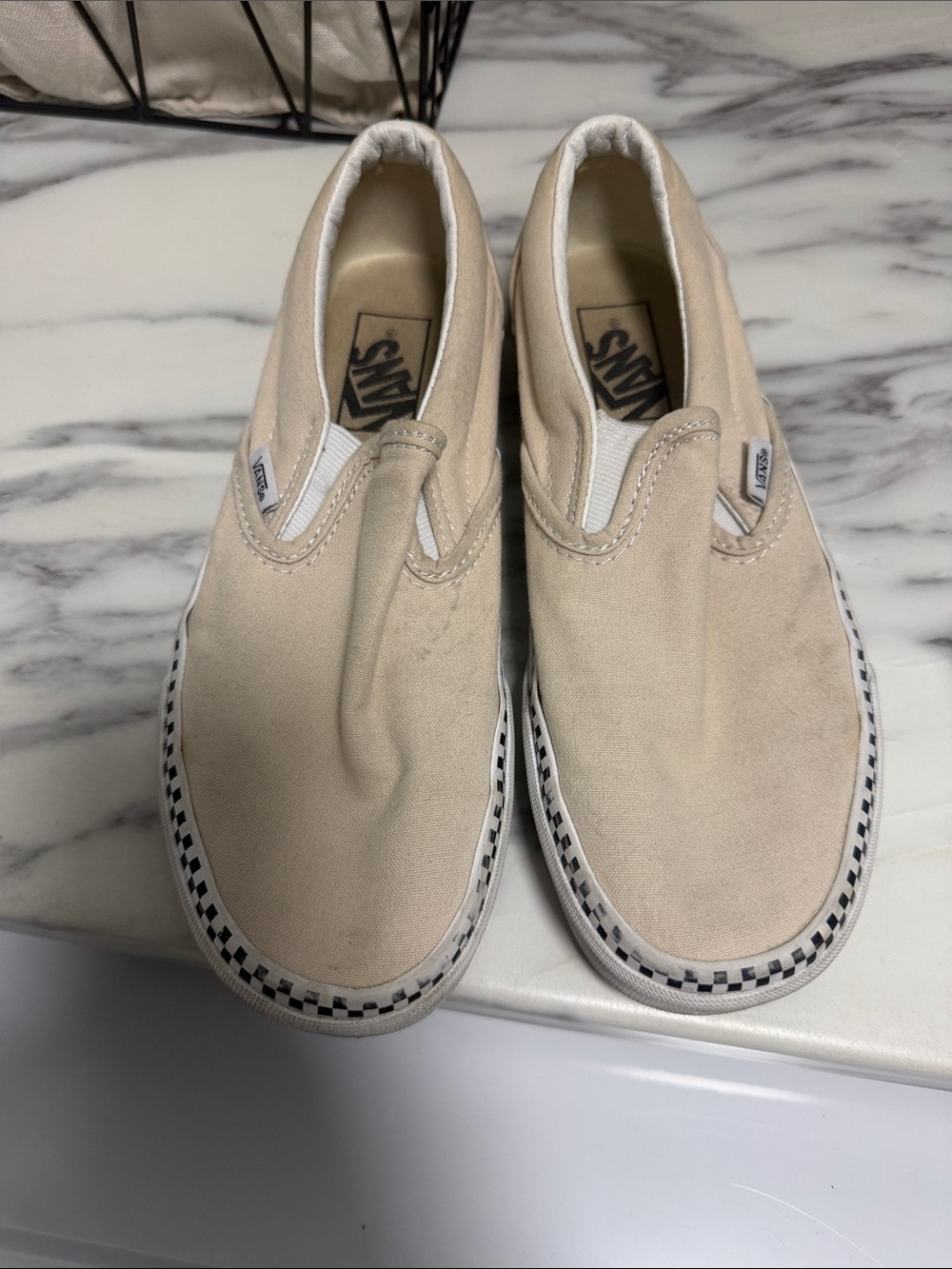 Vans Slip-On Canvas Sneakers in Light Beige with Checker Trim women 7.5